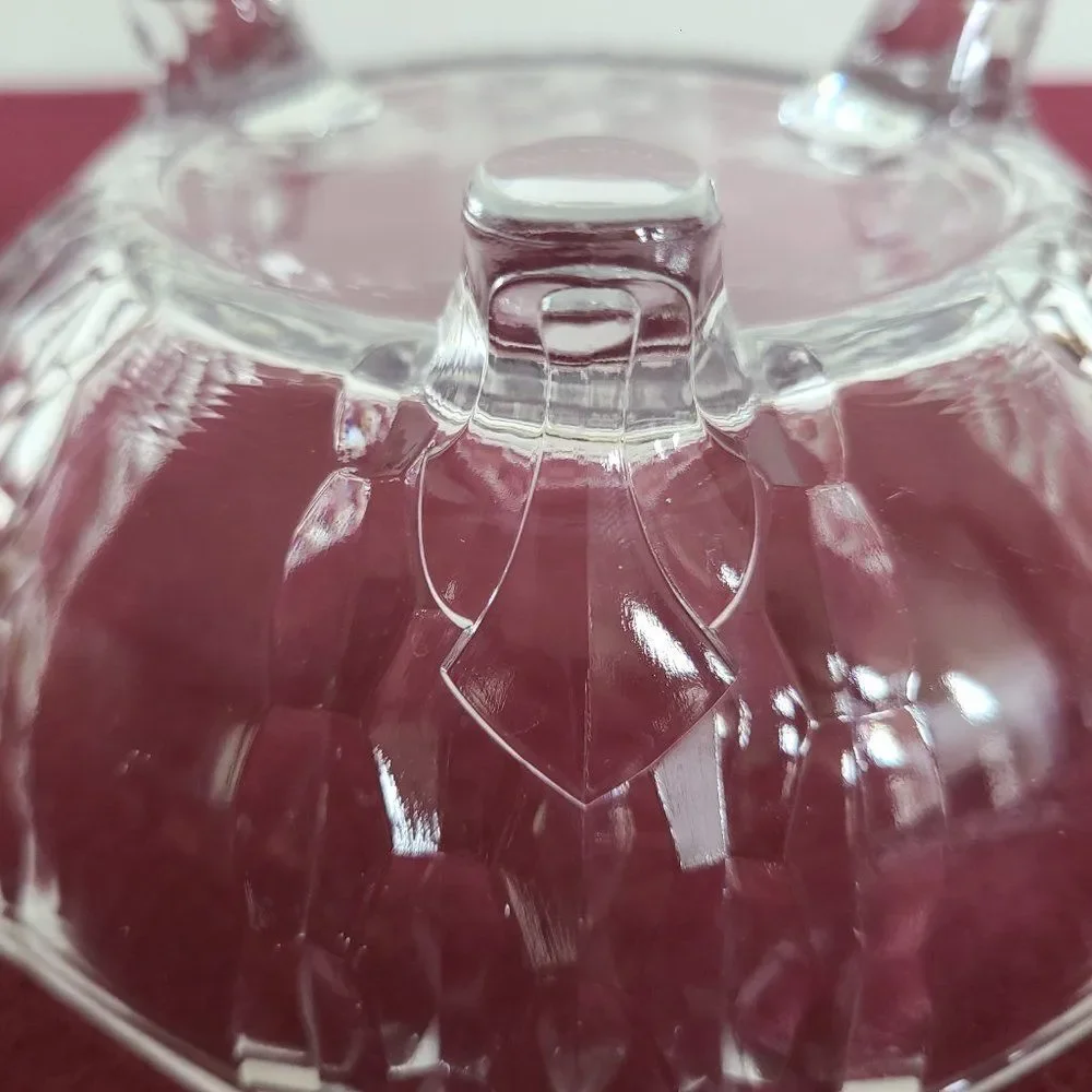 Three-Footed Pedestal Glass Candy Dish Covered Bowl Art Deco Geometric Design